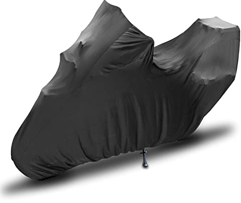 TECTICO Indoor Motorradabdeckung mit Topcase Abdeckplane Samt-Stretch Stoff Weich Elastisch Staubschutz für XL XXL XXXL Motorrad mit Topbox in Garage Hallen, Schwarz