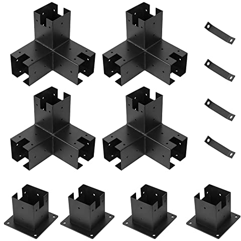 Naturin Supports de pergola 4 x 4 - 4 supports d'angle à 3 voies, 4 supports de base, vis et boulons - Kit de pergola en acier durable - Idéal pour les pergolas en bois, tonnelle, jardin