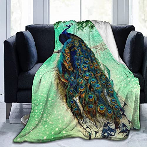 3D Kuscheldecke 130x150 Pfau Warme Decke Schöne Tiere Flanell Fleecedecke Grüner Pfau Flauschig Weich Wohndecke für Sofadecke Couchdecke Sofaüberwurf Bettüberwurf