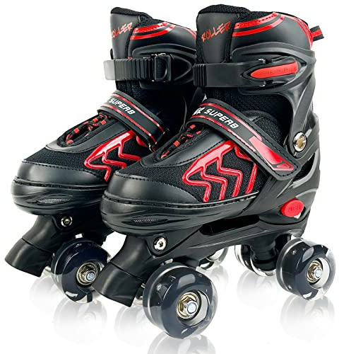 HXWY Kids Roller Skates for Boys Girls Child, Adjustable 4 Sizes Roller Skates for Kids and Youth with Light Up Wheels, Quad Black & Red Roller Skates for Sports (Little Kid 11J-1)