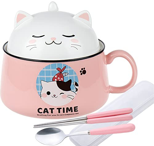 DYOUen Ramen Bowl with Handle and Lid - Ceramic Instant Noodle Bowl for Soup, Salad, Cereal (Pink)