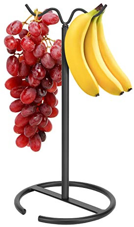 Winmien Double Hooks Standing Banana Holder, Banana Hanger Tree Stand Hook for Kitchen Countertop, Sturdy and Balanced Fruit Shelves with Storage on Both Sides.(Black)
