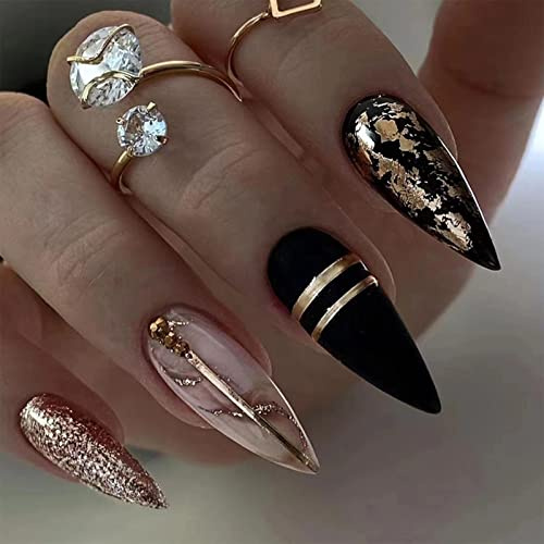24pcs Medium Almond False Nails Black Press on Nails Glitter Gold Sequin Stick on Nail Removable Acrylic Full Cover Fake Nail Accessories for Women