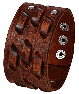 JewelryWe Pulsera Ancha de Cuero con Tachuelas y Tres Cierres Ajustables, Biker Masculina de Tejido Cruzado, Estilo Punk Rock, Gótica Envolvente, Regalo para Hombre
