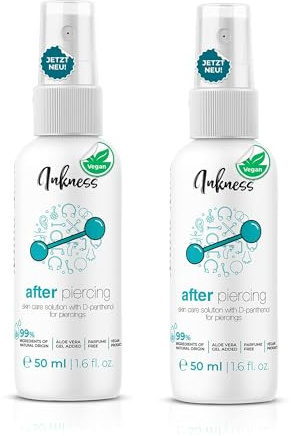 Inkness 2 x efter piercing spray 50 ml för eftervård – stöder piercing inflammation och läkning – piercing aftercare för öron näsa navel med 99 % naturliga ingredienser D-pantenol och hamamelis