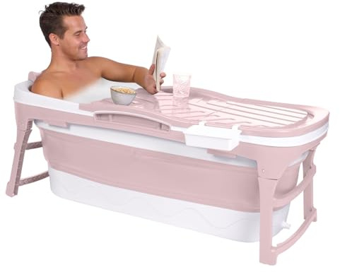 HelloBath® Baignoire Pliable L 143x60x58 cm pour Adultes | Baignoire Portable avec Coussin, Lampe LED, Porte-savon & Rouleaux de Massage | Bain de Glace & Bain Extérieur pour Été & Hiver | Rose