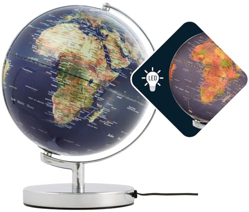 Globus mit 25 cm Durchmesser – TERRA LIGHT – integrierte Beleuchtung mit hell beleuchteten politischen Grenzen – verchromter Metallfuß, topografische Karte – bewegliche Achse – blau, grün – TROIKA