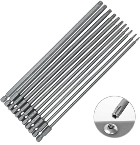 SeonFook Lot de 11 embouts de tournevis Torx à tige hexagonale de 200 mm en acier S2 magnétique de sécurité, embouts de tournevis étoile inviolables, extra longs T6 - T40 avec embouts usinés CNC