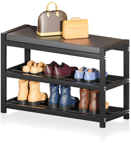 MaxEarn Schuhregal mit 3 Ebenen, 65 x 25 x 41,5 cm, Schuhbank mit gepolstertem Sitzkissen, Karbonstahl-Struktur, Schuh-Organizer-Regal, schwarzes Schuhregal für Eingangsbereich, Flur, Wohnzimmer,
