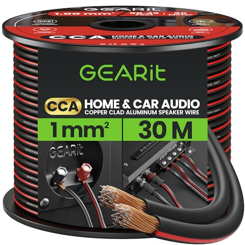 GEARit 18 Gauge Speaker Cable 30m, Flexible 2x1mm² Speaker Wire with Polarity Markings, 18AWG CCA Audio Cable for In-Wall Home Cinema, Car Audio Stereo, HiFi Surround Sound (Black)