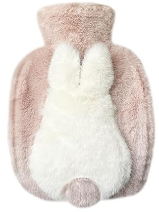 Plush Hot Water Bottle PVC Cute Plush Hot Water Bag for Hot and Cold Compress with Pockets on Both Sides 1000ML Capacity Christmas New Year Valentine's Day Birthday Gift 3D Rabbit (Pink and White)