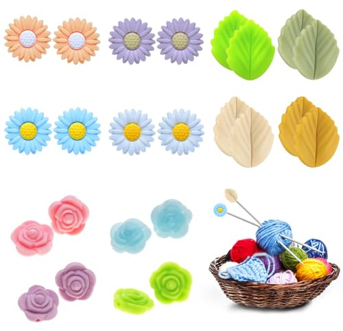 24 Stück Maschenstopper für Stricknadeln Bunt Blume Blatt Stricknadel Schutz Silikon Strickspitzen-Nadelkappen Maschenstopper Stricknadel Stopper Strickzubehör für Häkeln Stricken Heimwerken