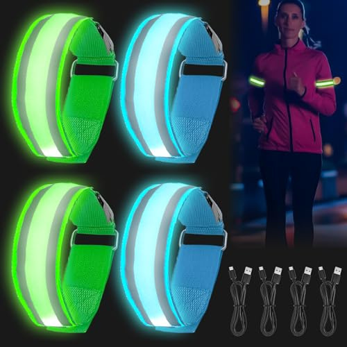 Vaileal 4 Stück Led Armband Aufladbar: LED Armband USB, LED Reflective Band leuchtarmband laufarmband, Reflektierende Laufbekleidung mit Hoher Sichtbarkeit für Joggen Laufen Running Sports