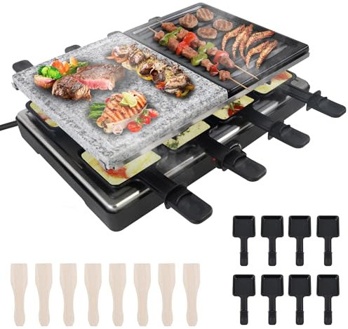 XMTECH Raclette-Grill Tischgrill Elektrogrill für 8 Personen, mit Naturstein, mit 8 Pfännchen, Holzspachtel & 2 Tischgrill-Platten max. 1.400 W