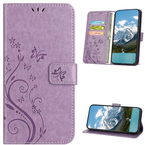 XINQCASE Handyhülle für iPhone X/iPhone XS Hülle, PU Leder Prägung Klapphülle Mit Kartenfach, Flip Case Schutzhülle für iPhone X/iPhone XS, Lavendel