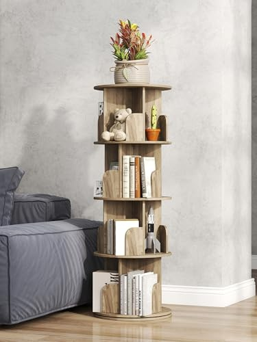 yeshine 4-tier Rotating Bookshelf, Round 360° Revolving bookcase, Rotating bookshelves tower, Corner Shelf, Book Storage Rack for Bedroom, Living Room, Study Room (Oak Color)