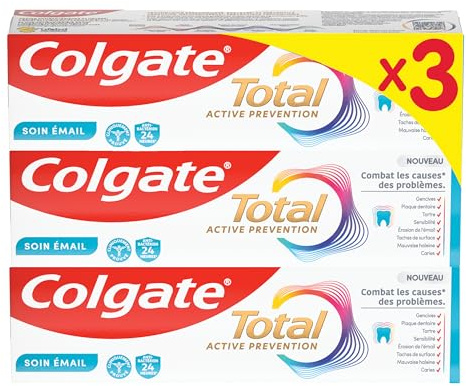 COLGATE - Total Active Prévention Soin Émail Dentifrice 24h - Protège l'émail et aide à prévenir les problèmes bucco-dentaires - 3x75ml