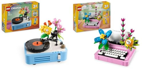 LEGO Creator 3in1 Record Player with Flowers - Rebuilds Into a Radio Model or Microphone + 3in1 Typewriter with Flowers Toy - Transforms into a Keytar Model or a Flowerpot 31172 + 31169