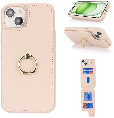 Cavor Phone Case compatible with iPhone 15 Case With Card Holder,Flip Leather Wallet Case,Buckle Metal Ring Shockproof Cover Case compatible with iPhone 15 - Cream