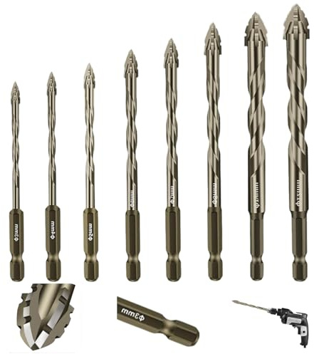 Fliesenbohrer Set, 8pcs Glasbohrer, Steinbohrer Bohrer Set, Bohrer mit Sechskantschaft, Geeignet für Glas, Keramik, Mauerwerk, Ziegel, Kunststoff und Holz (3, 4, 5, 6, 7, 8, 10, 12 mm)