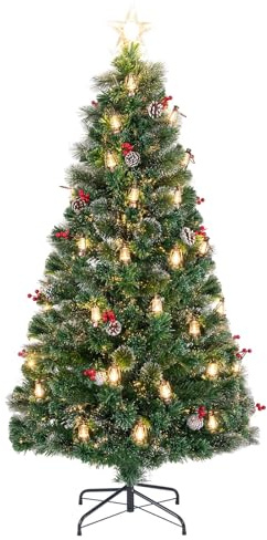 RELAX4LIFE Albero di Natale Innevato 150/180cm con 49/64 Luci Incorporate e Fibre Ottiche, 8 Modalità di Illuminazione, Bacche Rosse e Pigne, Stelle Brillante, Decorazione Natalizia (180cm)