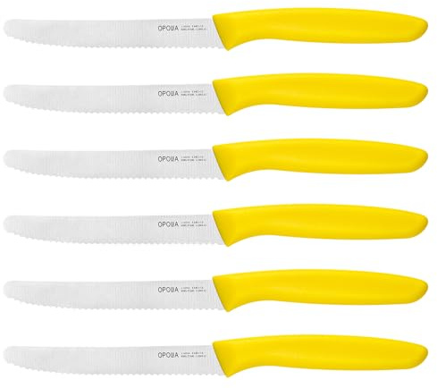 OPOLIA 6-teiliges Set gelb gezähnter Tafelmesser, Tomatenmesser, PP-Griff | Frühstücksmesser mit Wellenschliff, scharfes Buttermesser, Brotmesser, 11 cm, Edelstahl