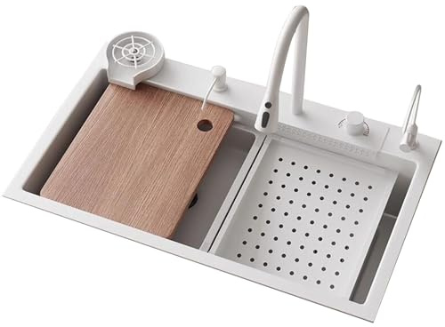 Lavello da Cucina in Acciaio Inox 68/75/80 cm, Vasca Singola, Scarico a Destra, Design a Cascata, Ideale per Appartamenti, lavello per lavastoviglie (68 x 45 x 22 cm) - Finitura Bianca