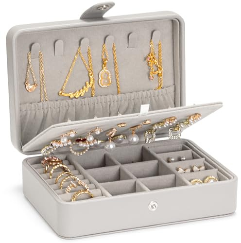 VINATO Portagioie Donna da Viaggio come Porta Gioielli per Orecchini, Collane e Anelli – Compatto 16,5×12×5,7cm Portagioie da Viaggio Regalo, Grigio
