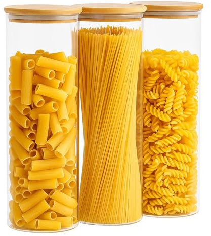 SUNNYNEST 3pcs Large Glass Storage Jars with Airtight Lids -2100ml Clear Pantry Organizer Containers for Spaghetti, Pasta, Cereal, Flour, Rice & Dry Food, Kitchen Countertop Canisters (2050ml 3PCS)