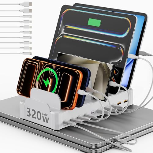 Zobirez 320W GaN Charging Station for Multiple Devices, 10 Cables, White | 10-Port USB-C Charger with Dual 65W PD Laptop Charging, 5 USB-C & 5 USB-A, Desk Organizer for MacBook, iPhone, iPad & Tablets