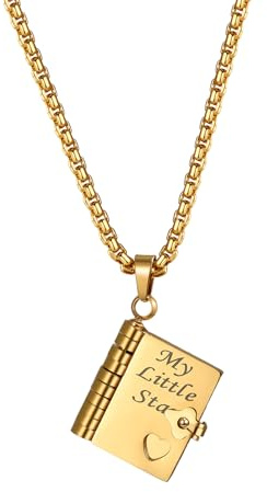 Flongo silverhalsband för dotter: Uppfällbar bokberlock min lilla stjärna – 6 sidor present från mamma pappa – rostfritt stål kedja 60 cm – födelsedag examen konfirmation smycke flicka, Rostfritt stål