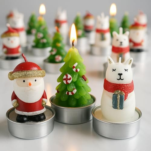 MIJOMA Weihnachts-Teelichter 24er Set – Handgemachte Deko-Kerzen mit Weihnachtsmann Eisbär Weihnachtsbaum – Weihnachtsdeko Geschenkidee mit langer Brenndauer