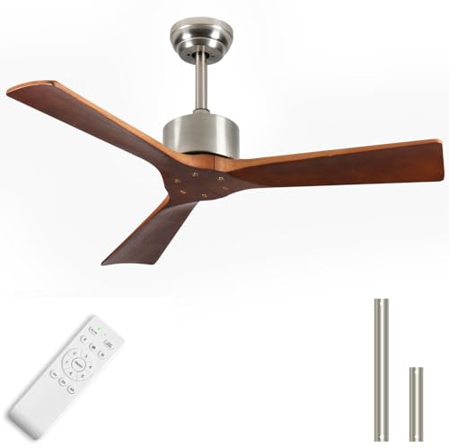 LINJO Ventilador de techo sin luz: Ventilador de exterior de 42 pulgadas con control remoto por aplicación para porches y terrazas - Ventilador de techo de nogal sin luz, reversible, 6 velocidades