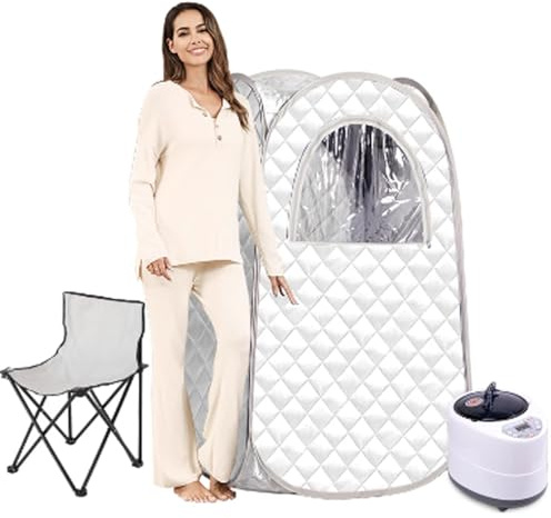 Pop up Sauna Tent 1 Person, Sauna Box Portable Sauna for Home Steam Sauna Tent Portable Design with 3l Steam Box Foldable Chair 9 Levels 95 Mintimer for Relaxation Home Use (White, Standard Edition)
