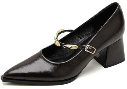 Qynthra Zapatos Mary Jane Estilo Francés Punta Afilada Tacón Bloque Correa Hebilla Dorada Tacones Vestir para Trabajo Casual Uso Diario,Marrón,34 EU