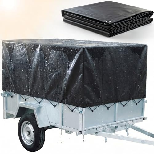 Hochwertige Anhängerplane 210x114x90 cm, Anhänger Abdeckplane mit ösen, 7.5m planenseil, Wasserfest, 600D PVC-Material Reißfeste Abdeckplane für PKW-Anhänger bis 750kg
