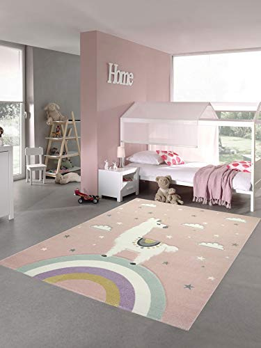 Kinderteppich Lama Spielteppich Lama Einhorn Teppich Regenbogen Wolken in Rosa Größe 200 x 290 cm