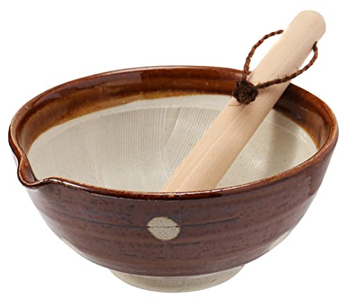 TIKUSAN Mörser und Stößel, Keramik, geriffelt, Suribachi und Surikogi, mit Ausgießer, 18 cm, hergestellt in Japan, Braun