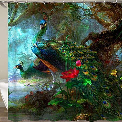 FANSU Duschvorhang Wasserdicht Anti-Schimmel Anti-Bakteriell, 3D Pfau Drucken 100% Polyester Bad Vorhang für Badzimmer mit C-Form Kunststoff Haken (F,90x180cm)
