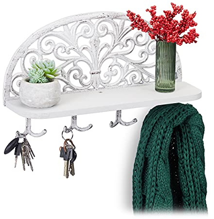 Relaxdays 2 x Wandgarderobe mit Ablage, Antik Design, 4 Doppelhaken, Schlüsselbrett, Gusseisen, HBT: 23x39x11,5 cm, weiß