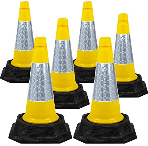 Street Solutions UK - 6 x 460mm Tall Traffic Cones Reflective Sleeve For Indoor And Outdoor Usage, Self Weighted Cones Are Manufactured In The UK Yellow