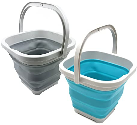 SAMMART 5L quadratischer zusammenklappbarer Kunststoffeimer – Faltbare quadratische Wanne – tragbarer Angelwassereimer – platzsparender Wassertopf für den Außenbereich (Grau + Hellblau (2er-Set))
