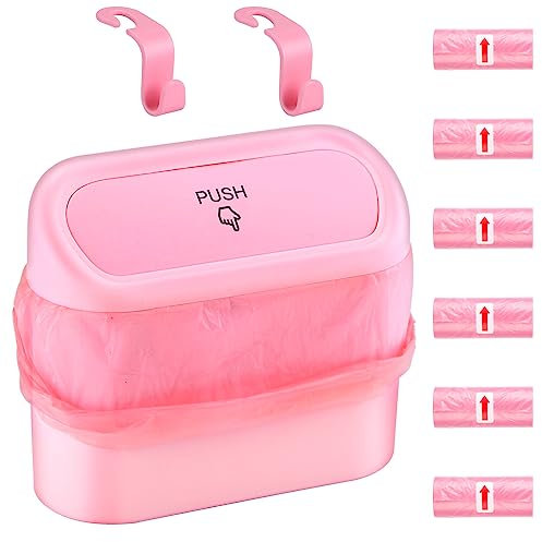 AXNSATRE Car Bin, Car Trash Can Lid, Multifunctional Mini Trash Bin car, 90 Pcs Trash Bags & 4 Car Hooks, Push-on Design Car Bins, Cute Car Accessories, Car Rubbish Bin Car Tidy (Pink)