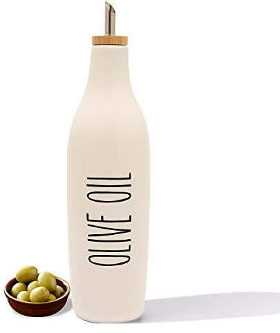 HOMCDALY Ceramic Olive Oil Dispenser for Kitchen, Stoneware 16oz Oil Cruet and Vinegar Bottles Dispenser, Kitchen Dispenser Bottle for EVOO Vinegar Syrups, Modern Farmhouse Design(W-O)