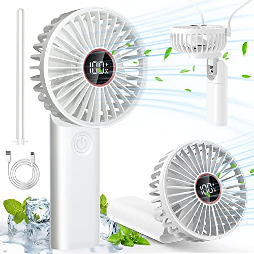 Ventiladores de Mano Portátil, Recargable por USB Mini Ventilador Plegable 5000 mA con Powerbank & Ventiladores de Sobremesa & Ventilador de Cuello 4 EN 1 para Viajes Casa Oficina Exterior (Blanco)