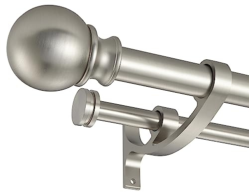 Lwiiom Double Curtain Rods with Aluminum Bouquet Brackets and Round Finials,Brushed Nickel Curtain Rods for Windows 28 to 48 inch,1-Inches Front and 5/8 Inches Back Double Window Drapery Rod