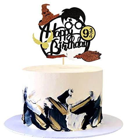 Blumomon 1Pc Glitter Black Magical Wizard Inspired Cake Topper Happy Birthday Cake Topper Pick for Magic Theme Party Supplies