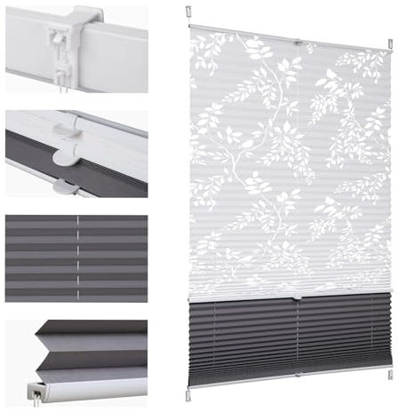 Sekey Plissee Doppelplissee Day+Night Verdunkelung ohne Bohren verspannt Lichtschutz Klemmfix Lichtdurchlässig Ausbrenner-Muster 130x150cm Druck & Grau