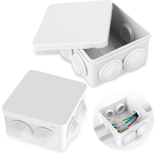 MengQiLe Pack of 2 Junction Boxes, Waterproof IP55, Surface-Mounted Junction Box, ABS Housing Junction Box, Electrical Junction Box with 7 Cable Inputs for Indoor Outdoor Use (85 x 85 x 50 mm, White)
