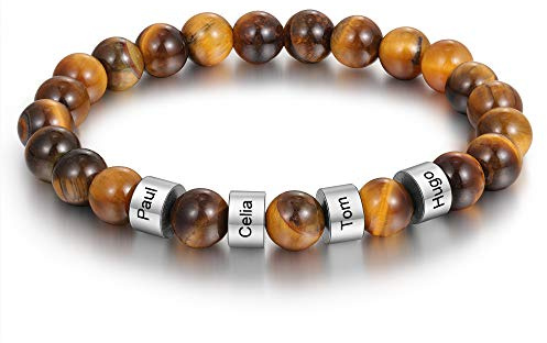 Dreamgem Personnalisé Homme Bracelet Pierre Naturelle Oeil de Tigre Bracelet avec 2-4 Prénom Cadeau de Noël Fête des Pères Anniversaire